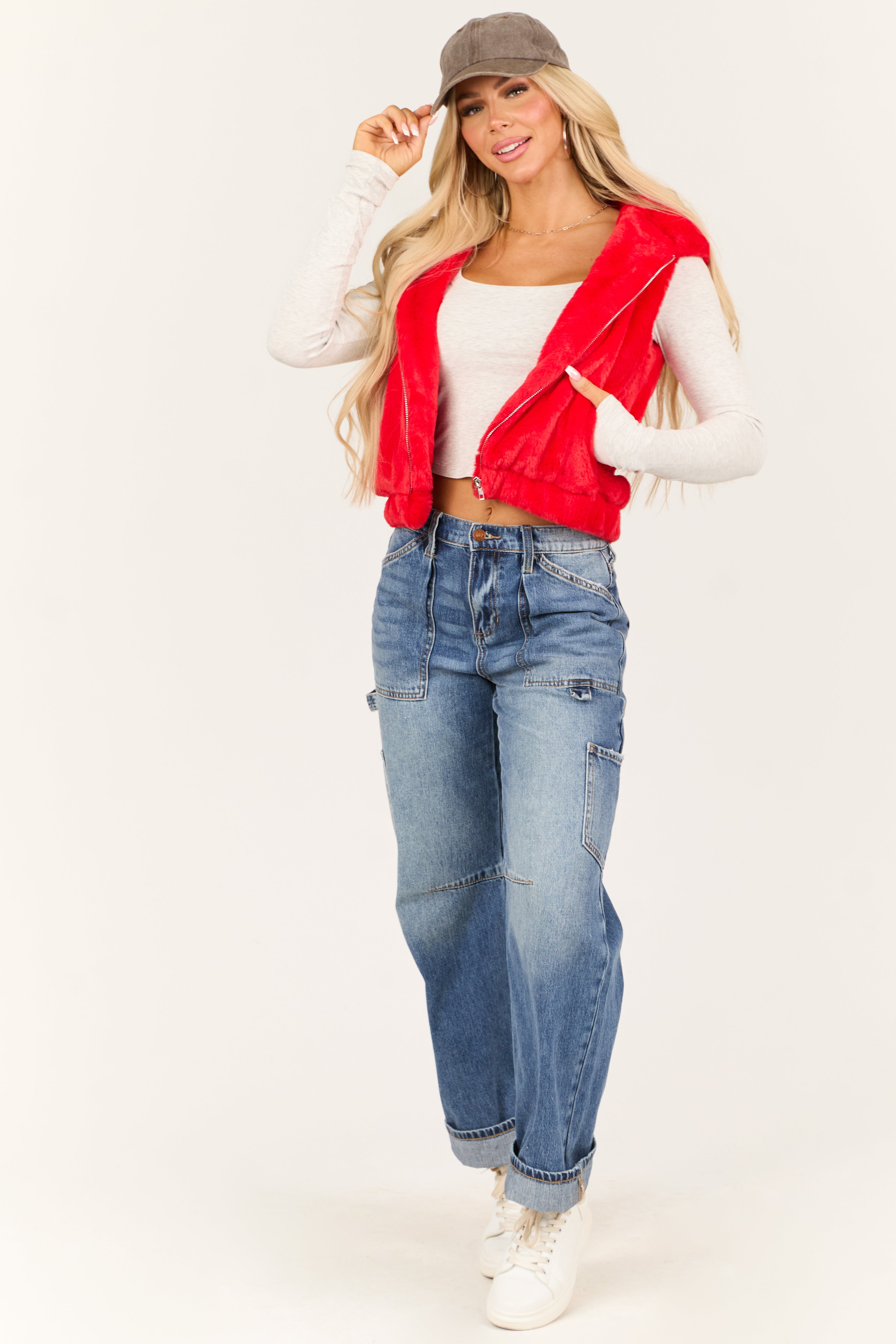 Lipstick Faux Fur Zip Up Hoodie Vest with Pockets