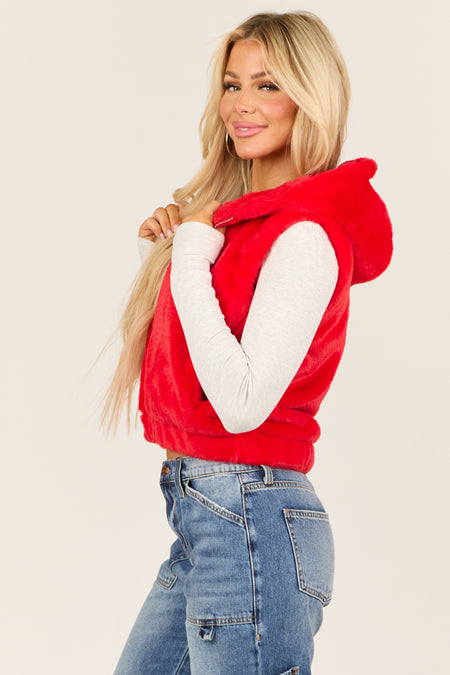 Lipstick Faux Fur Zip Up Hoodie Vest with Pockets