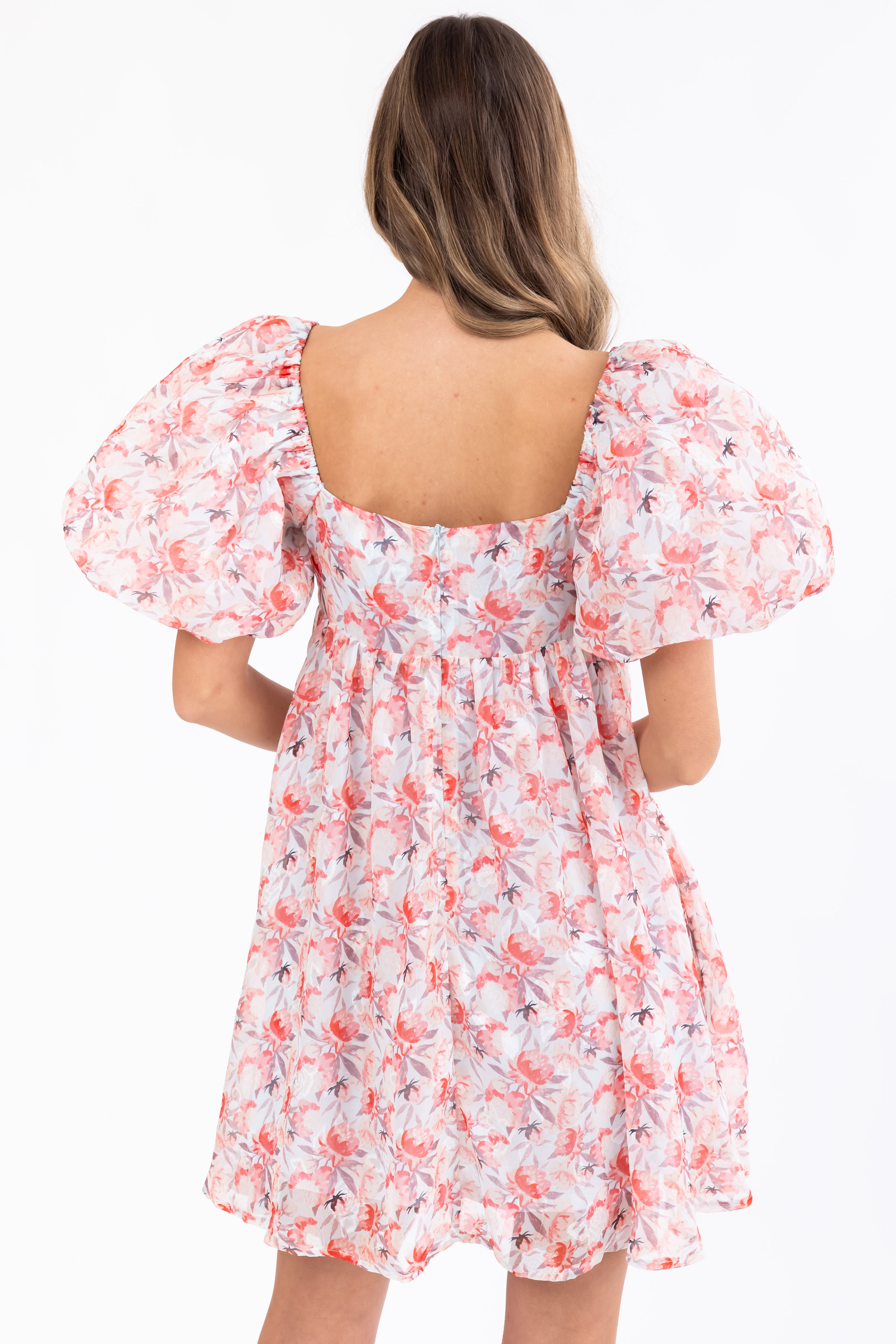 Lipstick Floral Print Puff Sleeve Mini Dress