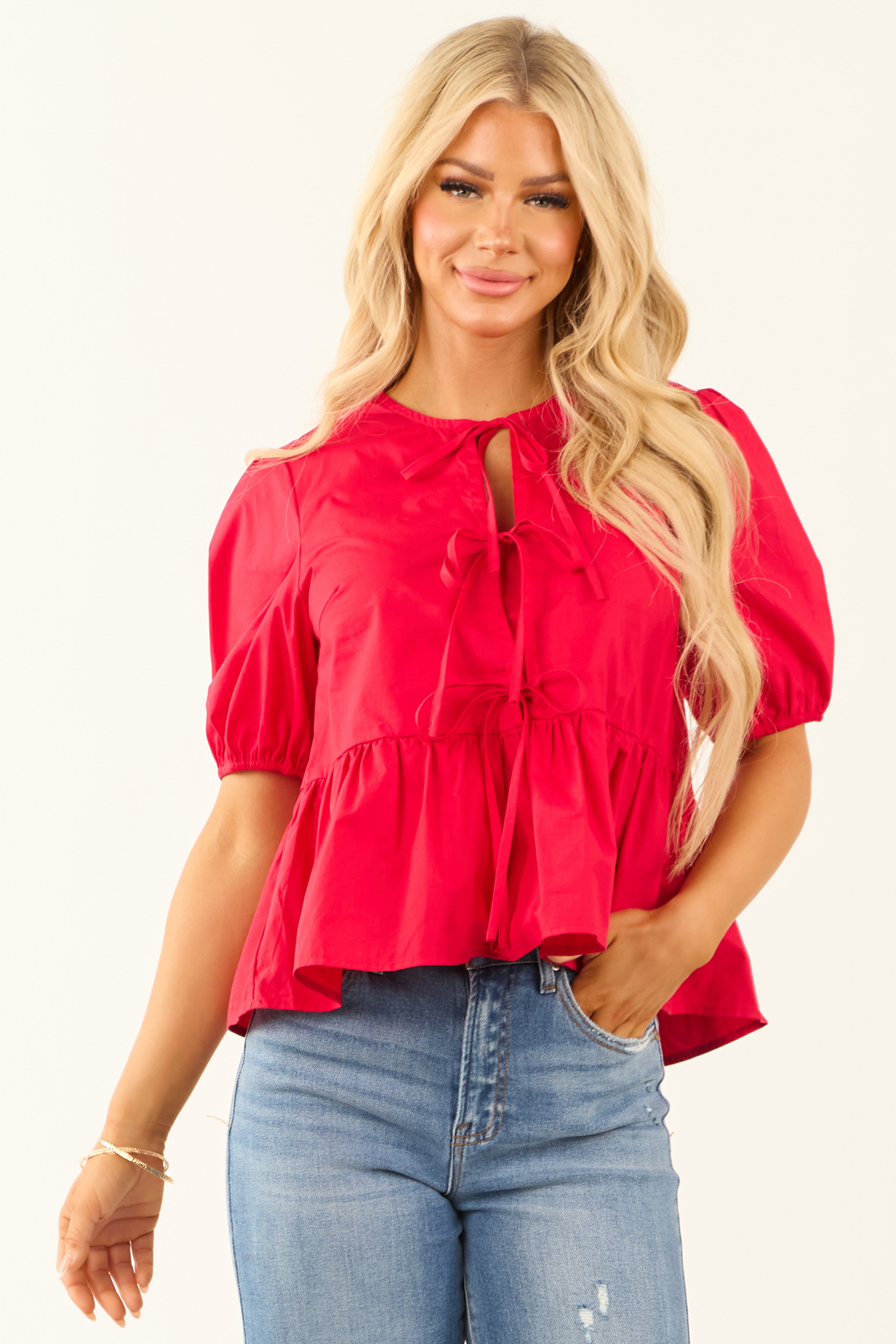 Lipstick Half Puff Sleeve Front Tie Blouse