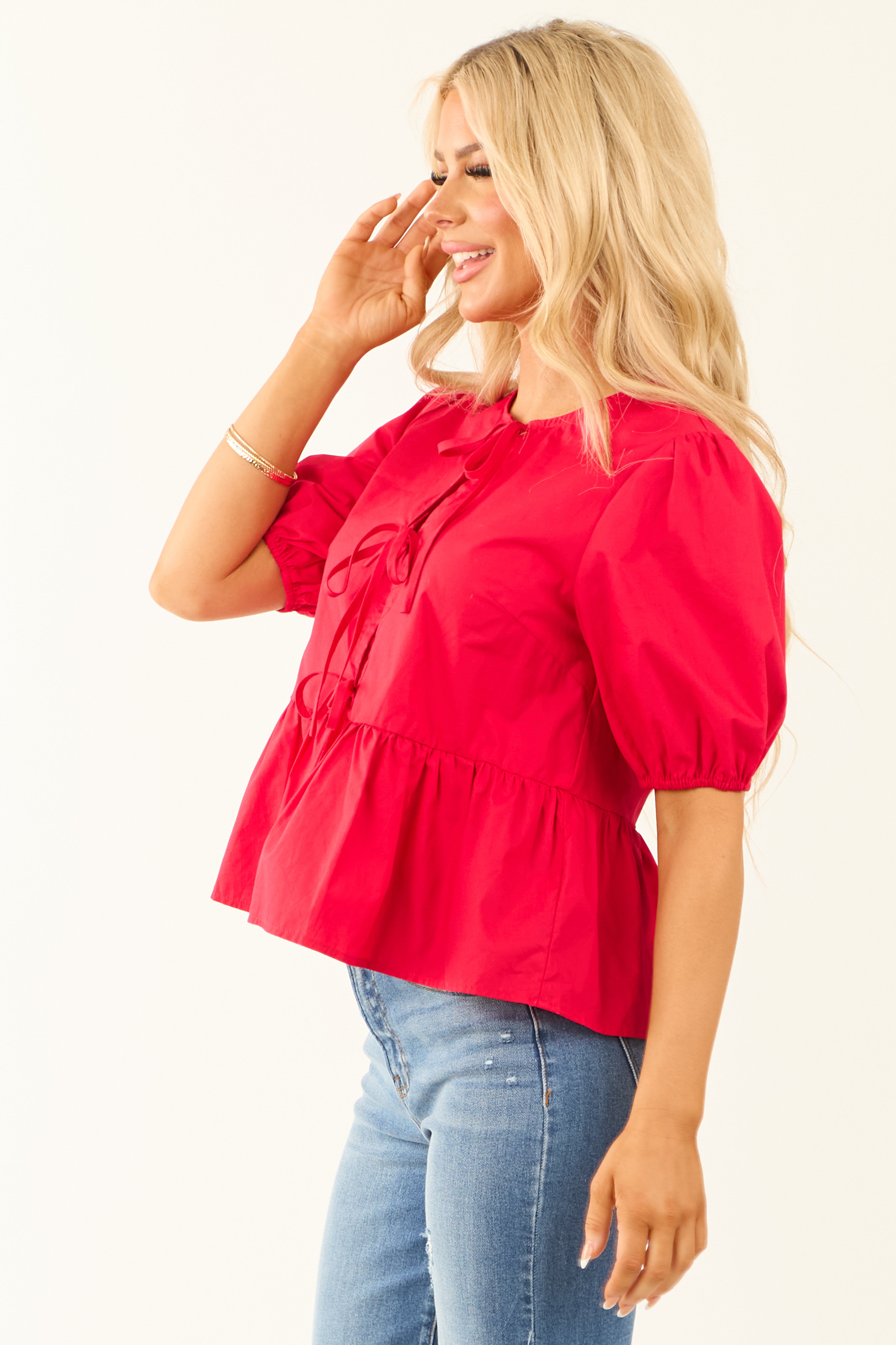 Lipstick Half Puff Sleeve Front Tie Blouse