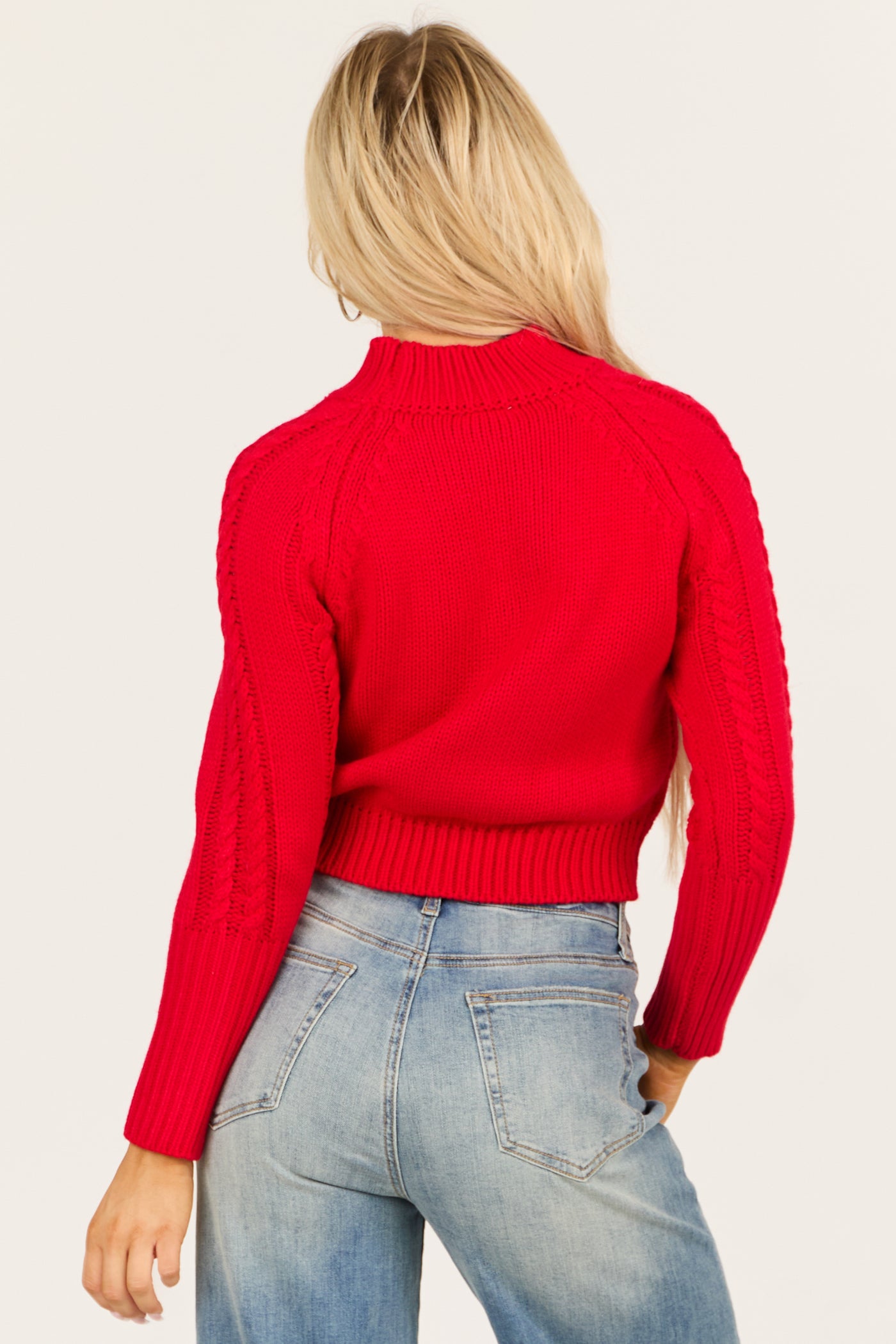 Lipstick Heart Cut Out Cable Knit Mock Neck Sweater