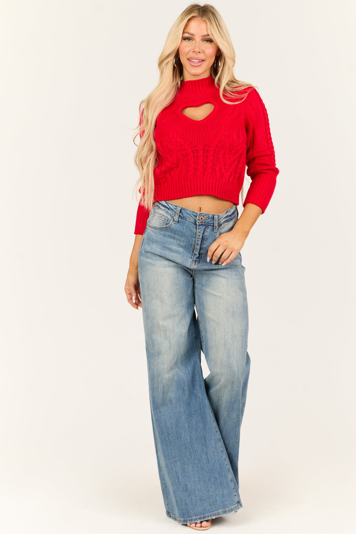 Lipstick Heart Cut Out Cable Knit Mock Neck Sweater