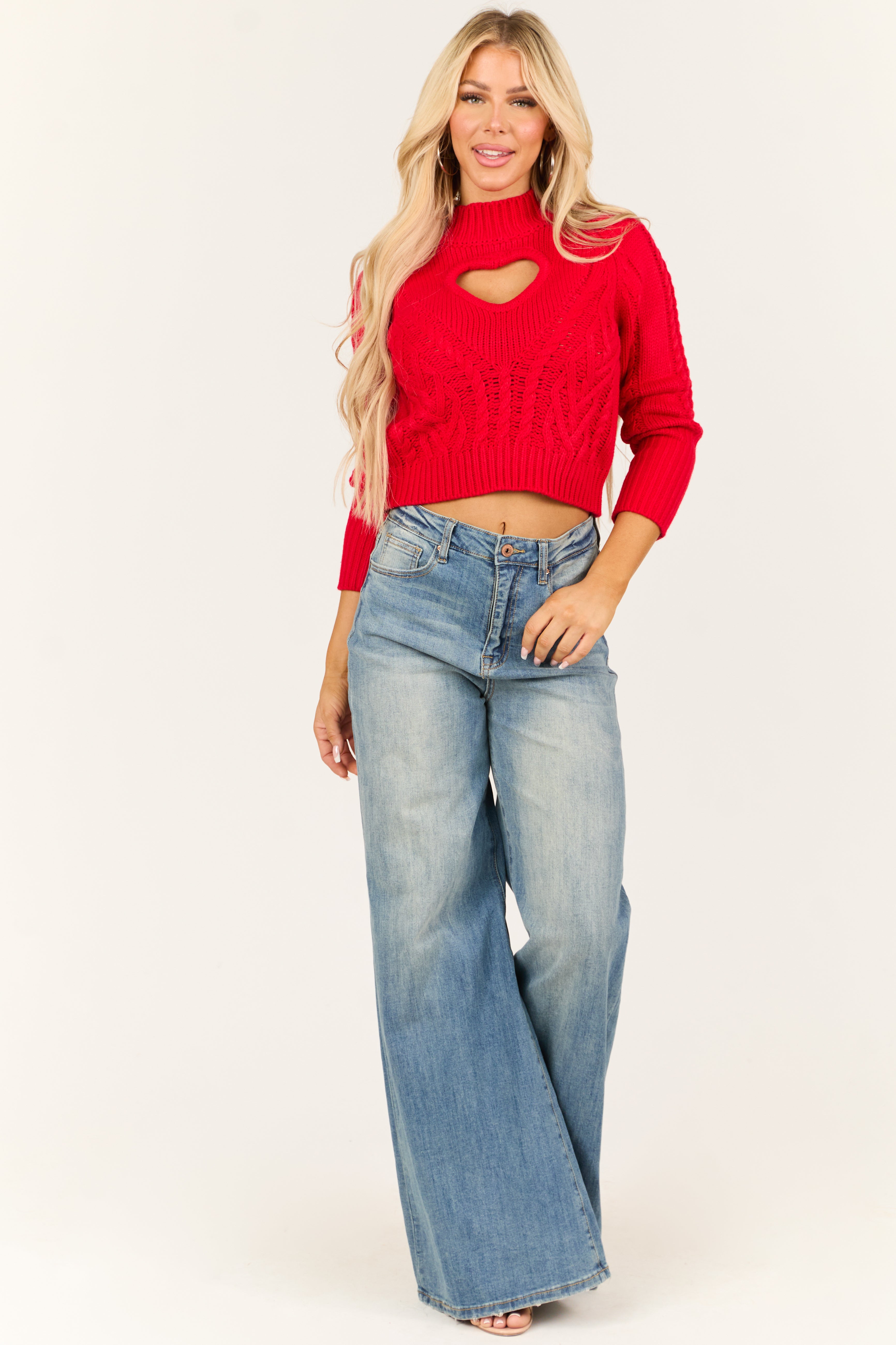 Lipstick Heart Cut Out Cable Knit Mock Neck Sweater