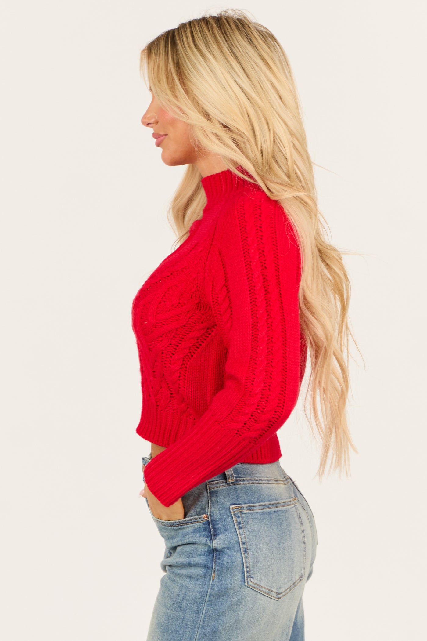 Lipstick Heart Cut Out Cable Knit Mock Neck Sweater