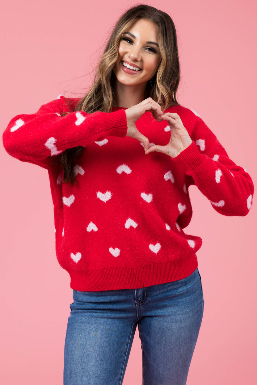 Lipstick Heart Print Soft Knit Sweater