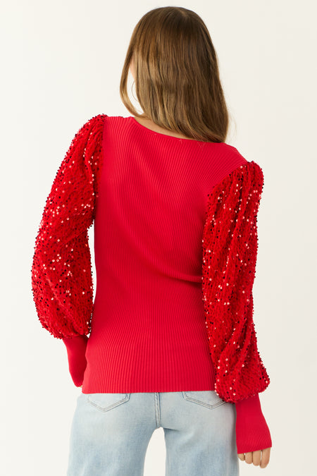 Lipstick Long Sequin Bubble Sleeve Ribbed Top