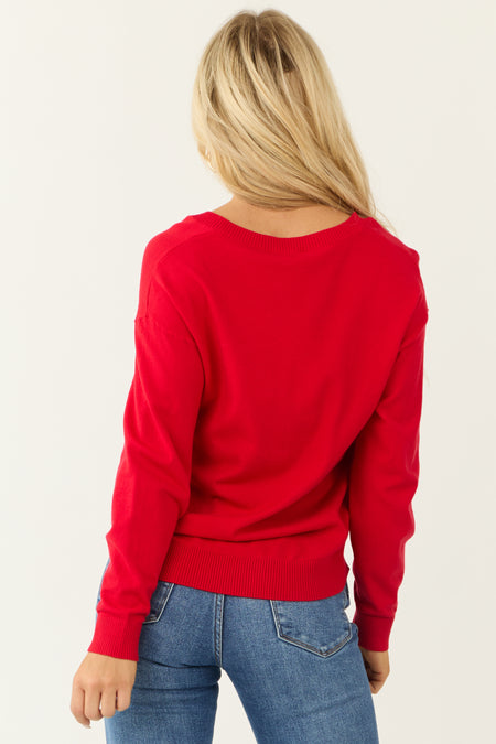 Lipstick Long Sleeve V Neck Chest Pocket Sweater