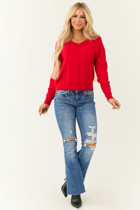 Lipstick Long Sleeve V Neck Chest Pocket Sweater