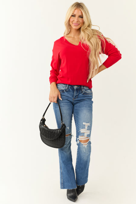 Lipstick Long Sleeve V Neck Chest Pocket Sweater