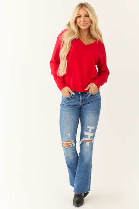 Lipstick Long Sleeve V Neck Chest Pocket Sweater