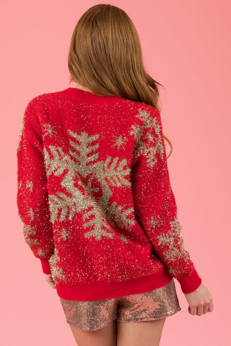 Lipstick Metallic Gold Snowflake Graphic Sweater