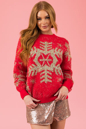 Lipstick Metallic Gold Snowflake Graphic Sweater