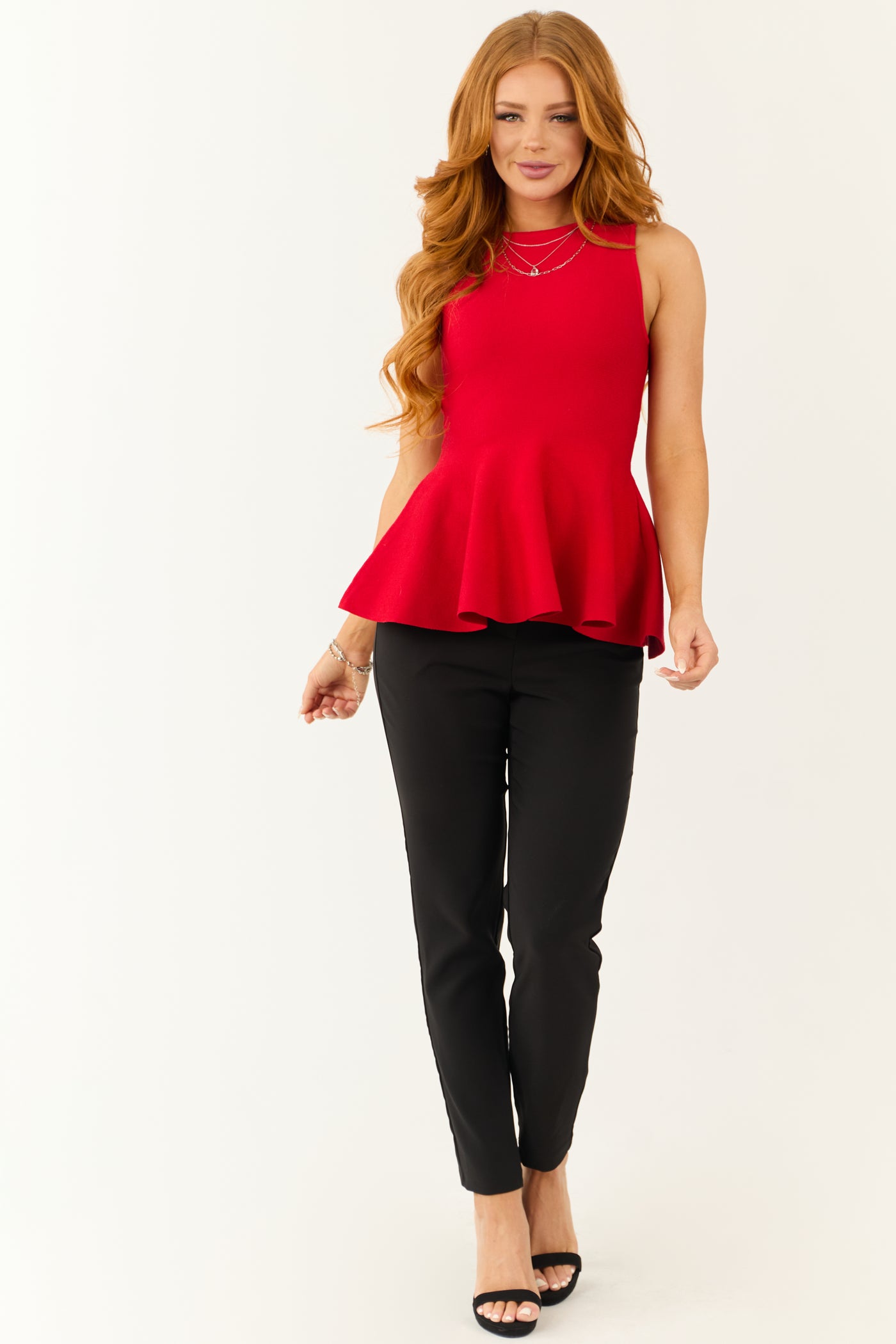 Lipstick Peplum Ribbed Knit Tank Top