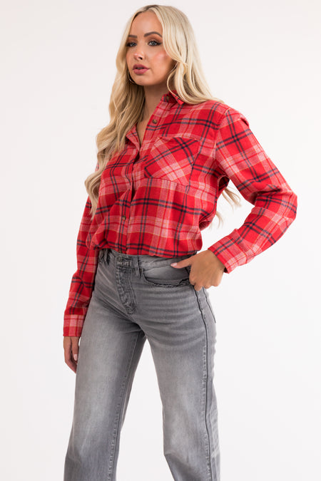 Lipstick Plaid Front Pocket Button Up Flannel