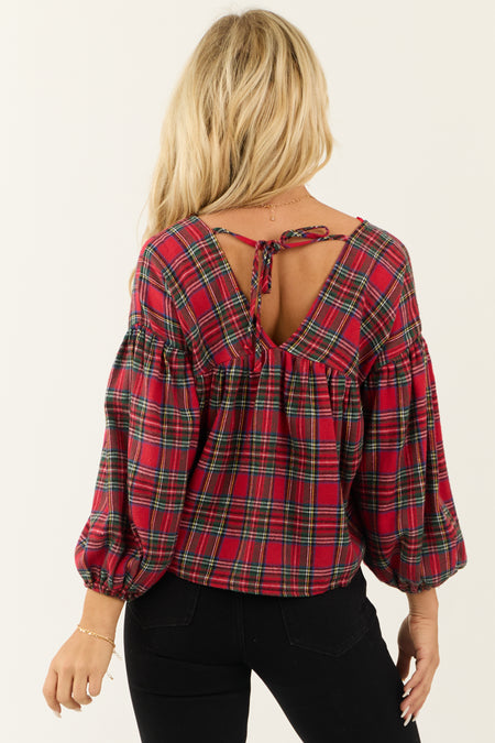 Lipstick Plaid Long Sleeve Top with Tie Back