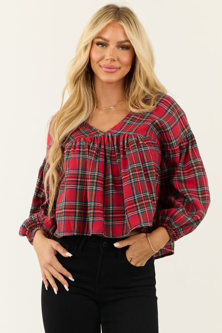 Lipstick Plaid Long Sleeve Top with Tie Back