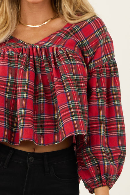 Lipstick Plaid Long Sleeve Top with Tie Back