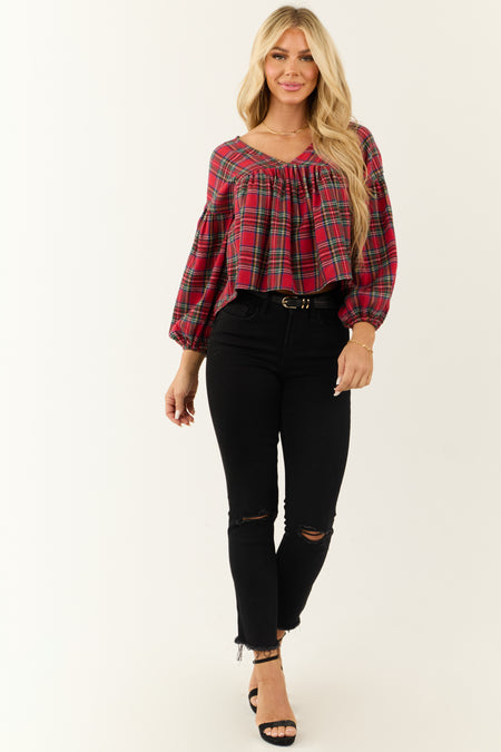 Lipstick Plaid Long Sleeve Top with Tie Back