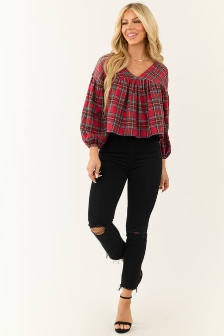 Lipstick Plaid Long Sleeve Top with Tie Back