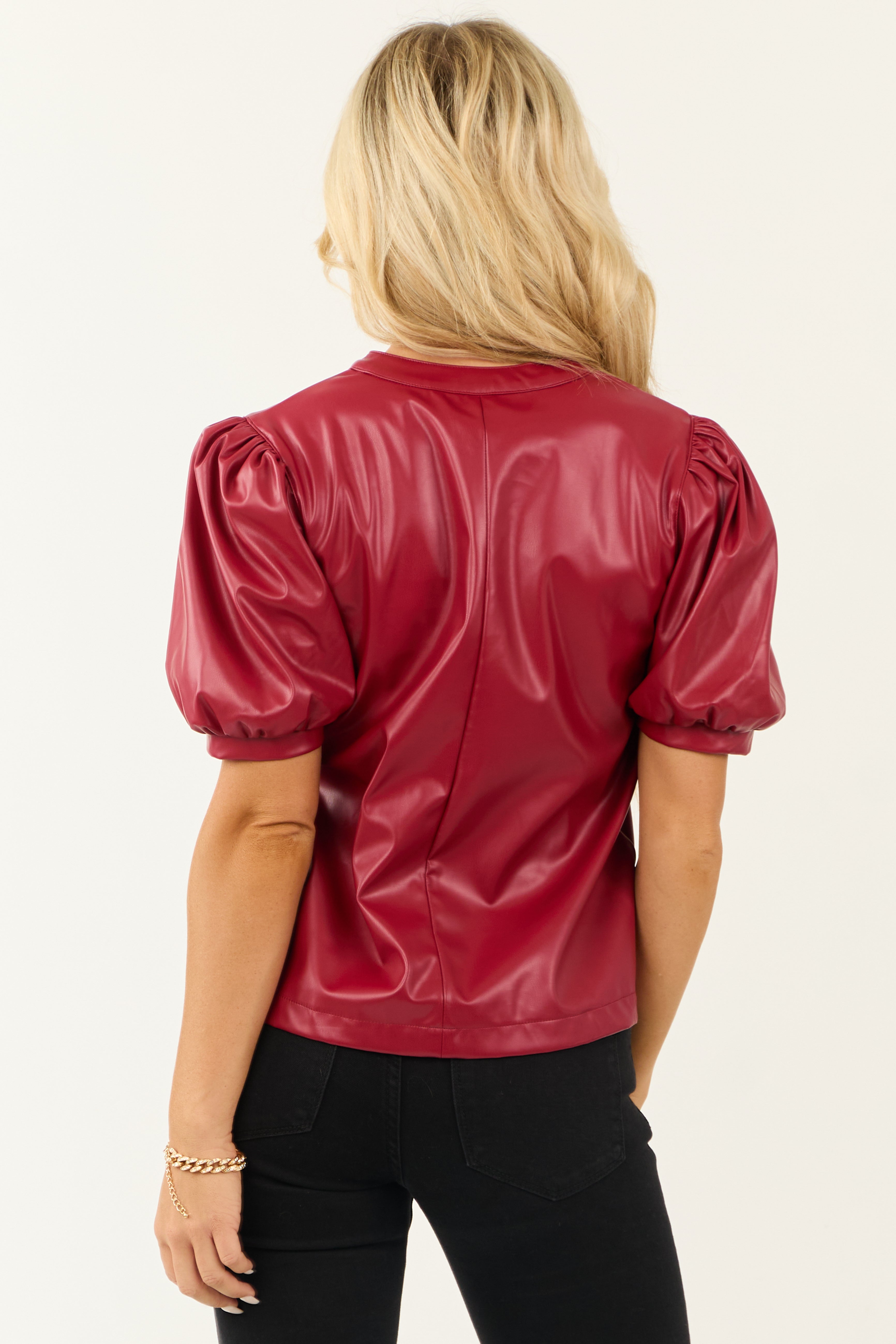 Lipstick Puff Sleeve Split Neck Faux Leather Top