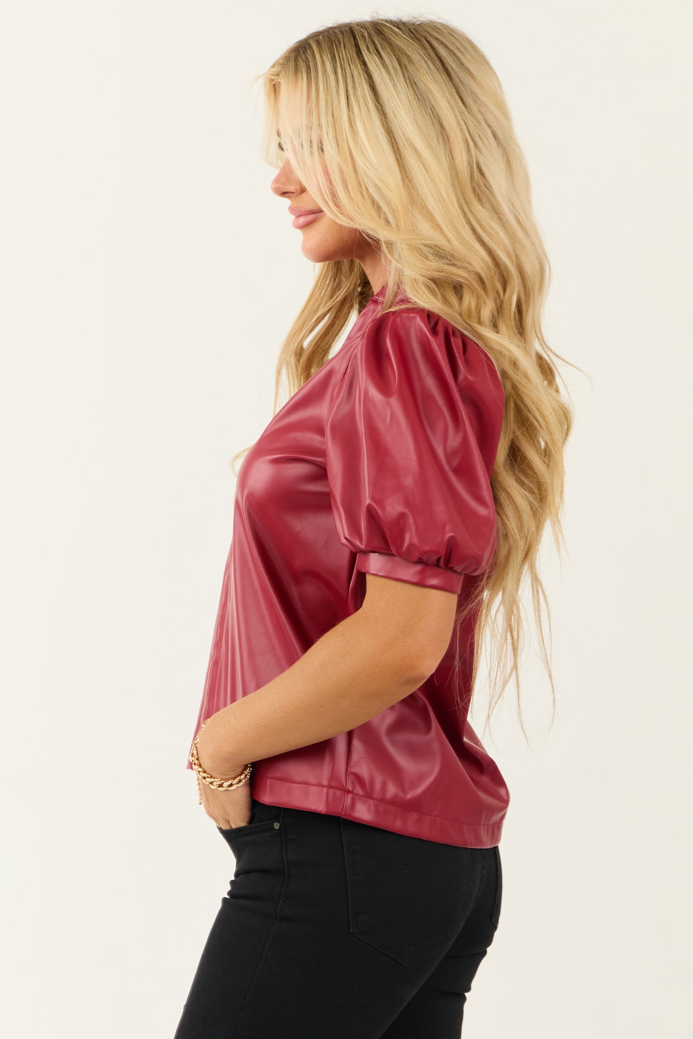 Lipstick Puff Sleeve Split Neck Faux Leather Top