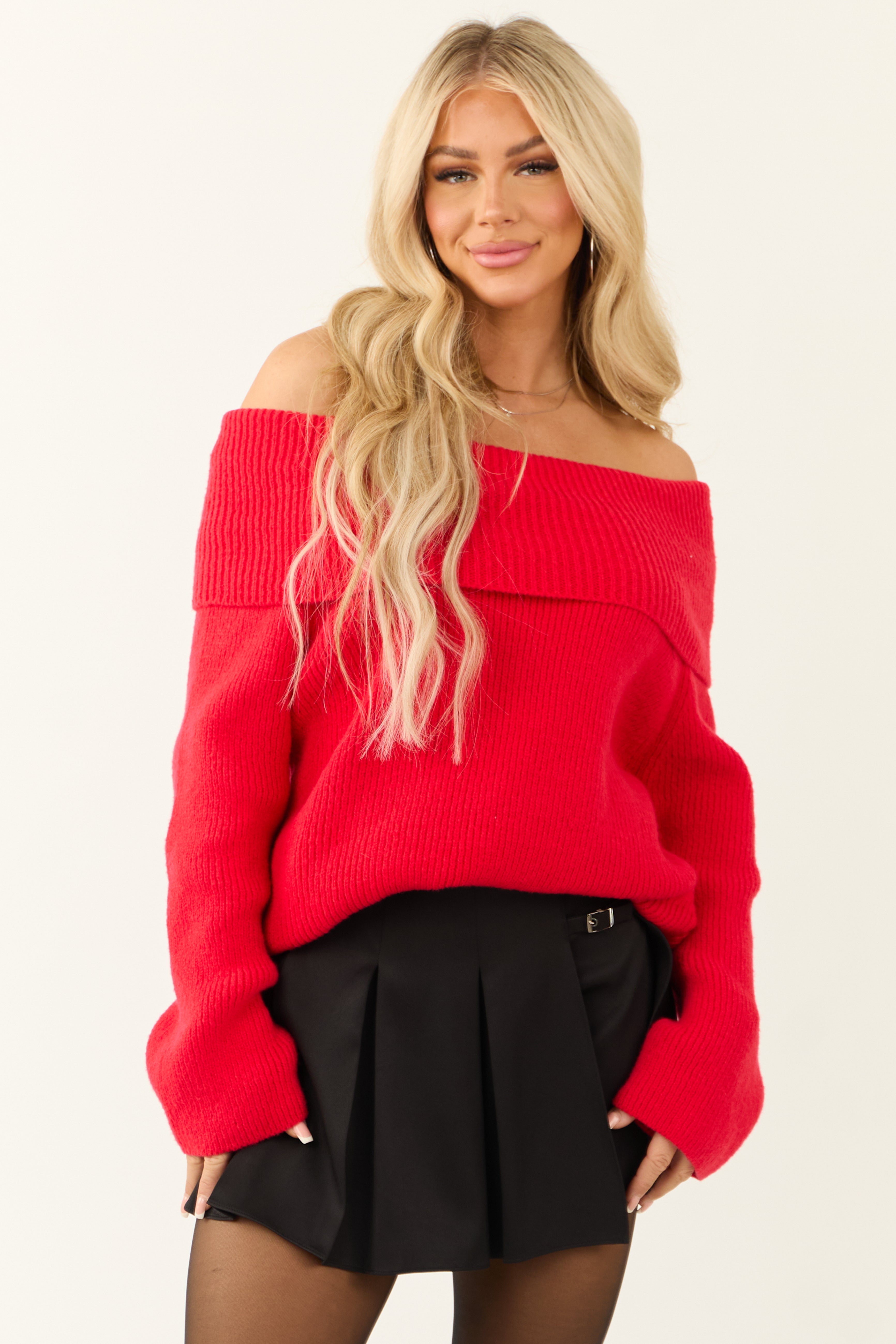 Lipstick Ribbed Knit Off Shoulder Oversized Sweater