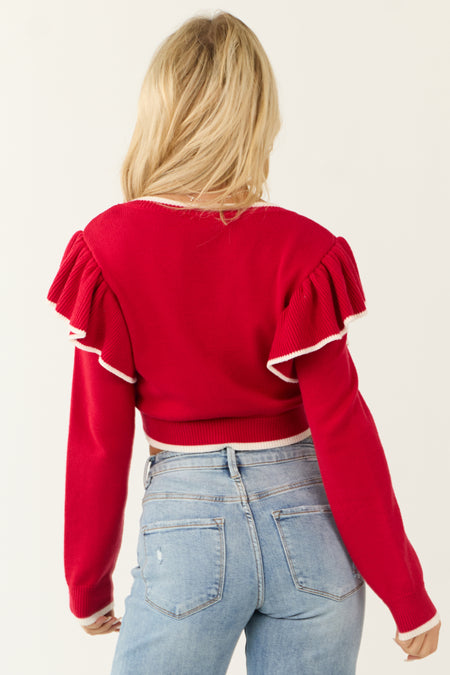 Lipstick Ruffle Shoulder Cropped Sweater