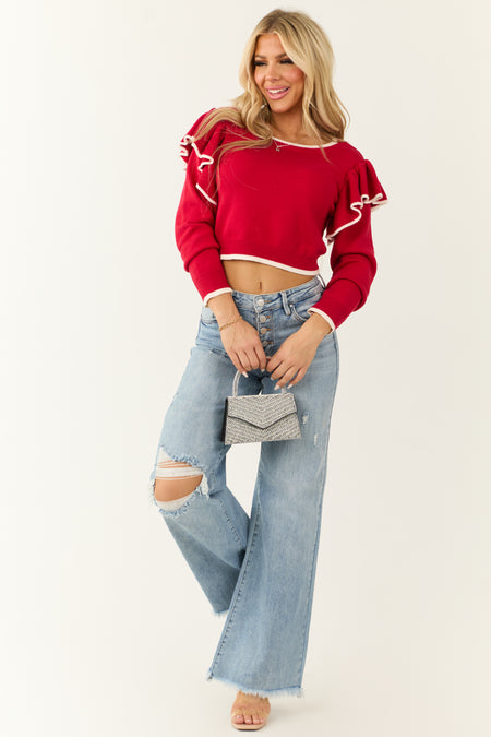 Lipstick Ruffle Shoulder Cropped Sweater