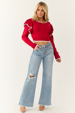 Lipstick Ruffle Shoulder Cropped Sweater