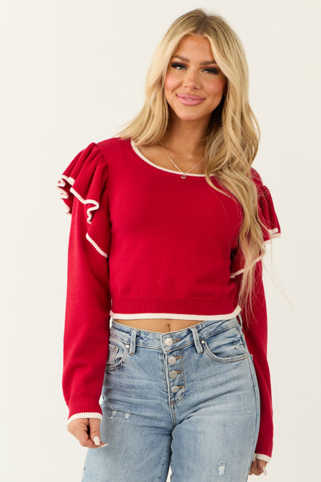 Lipstick Ruffle Shoulder Cropped Sweater