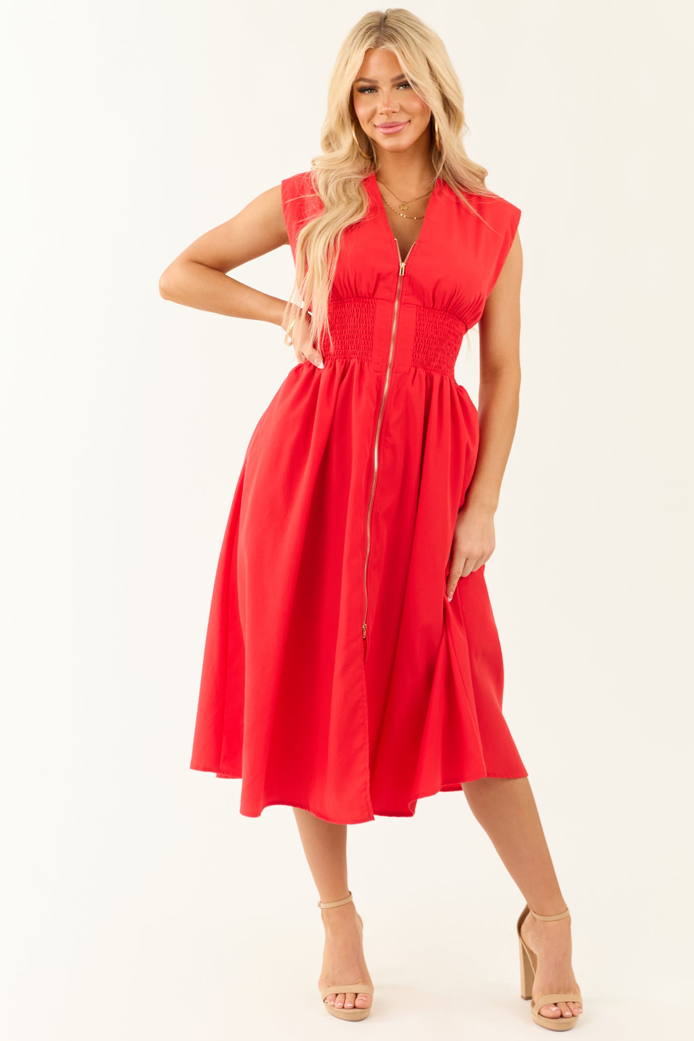 Lipstick Sleeveless V Neck Zipper Front Midi Dress