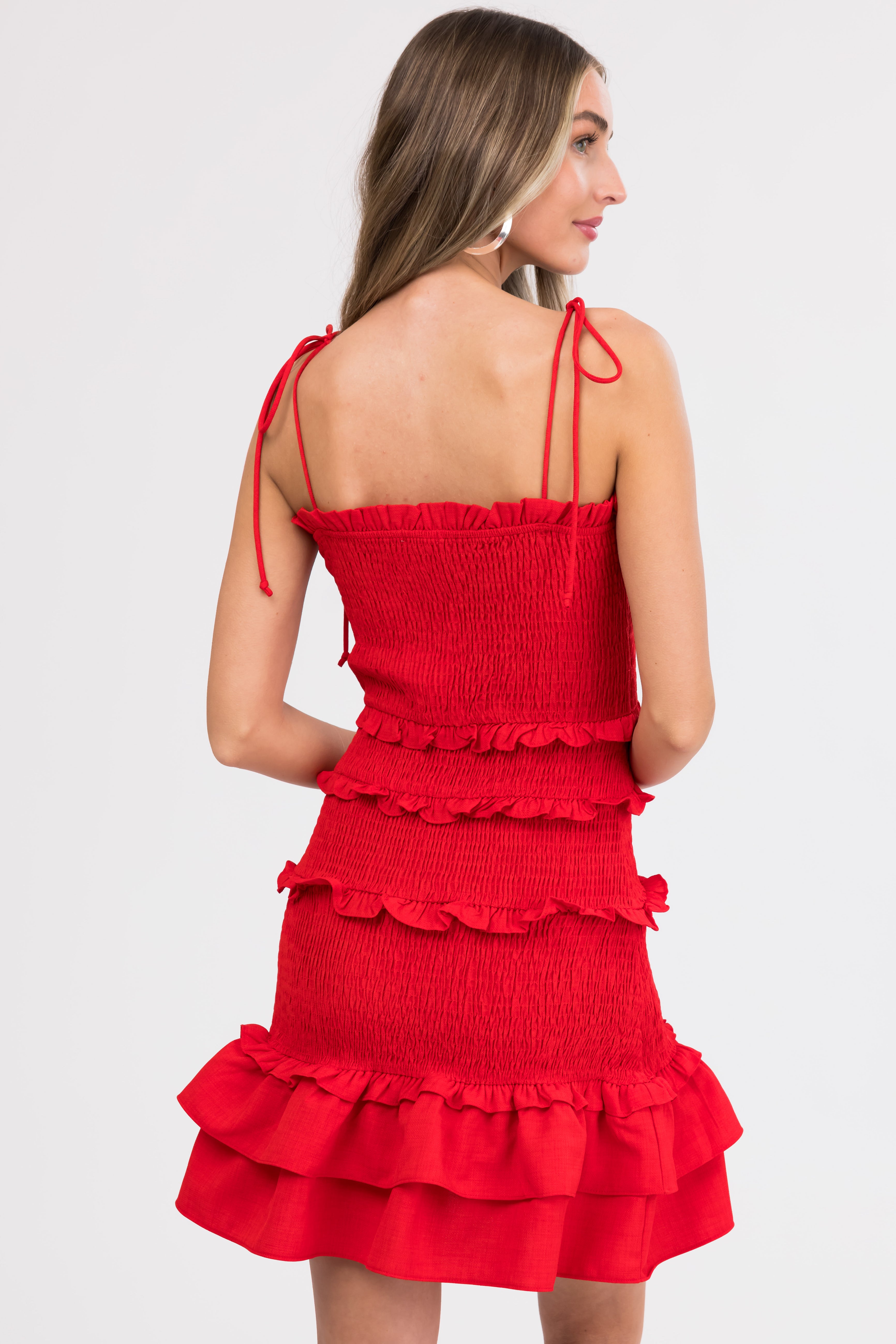 Lipstick Smocked Sleeveless Ruffle Short Dress