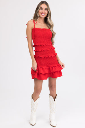 Lipstick Smocked Sleeveless Ruffle Short Dress