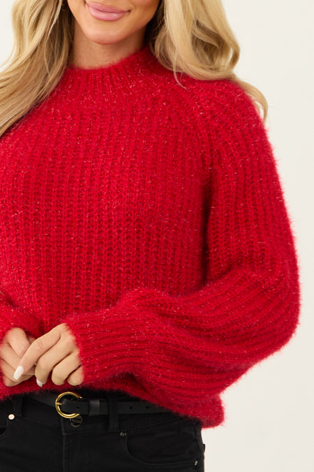 Lipstick Tinsel Yarn Mock Neck Sweater