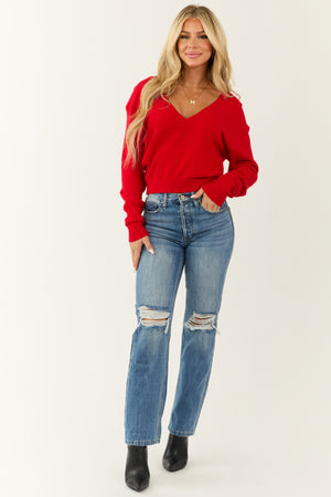 Lipstick Wide V Neck Cashmere Sweater