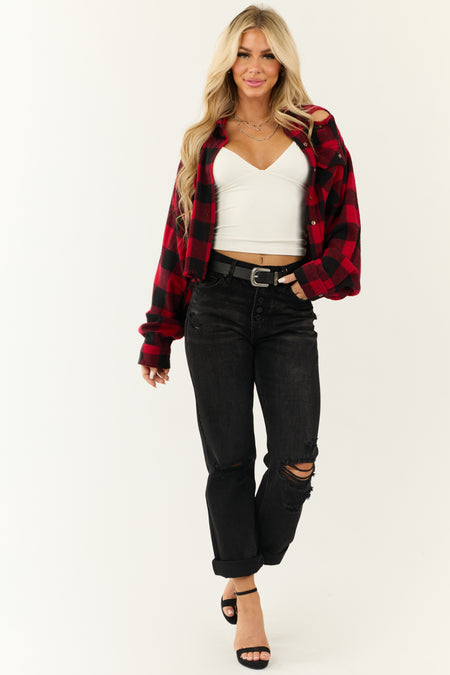 Lipstick and Black Buffalo Plaid Distressed Shirt