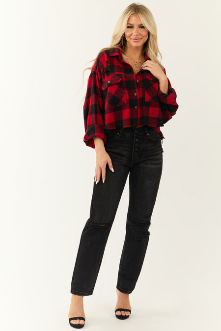 Lipstick and Black Buffalo Plaid Distressed Shirt