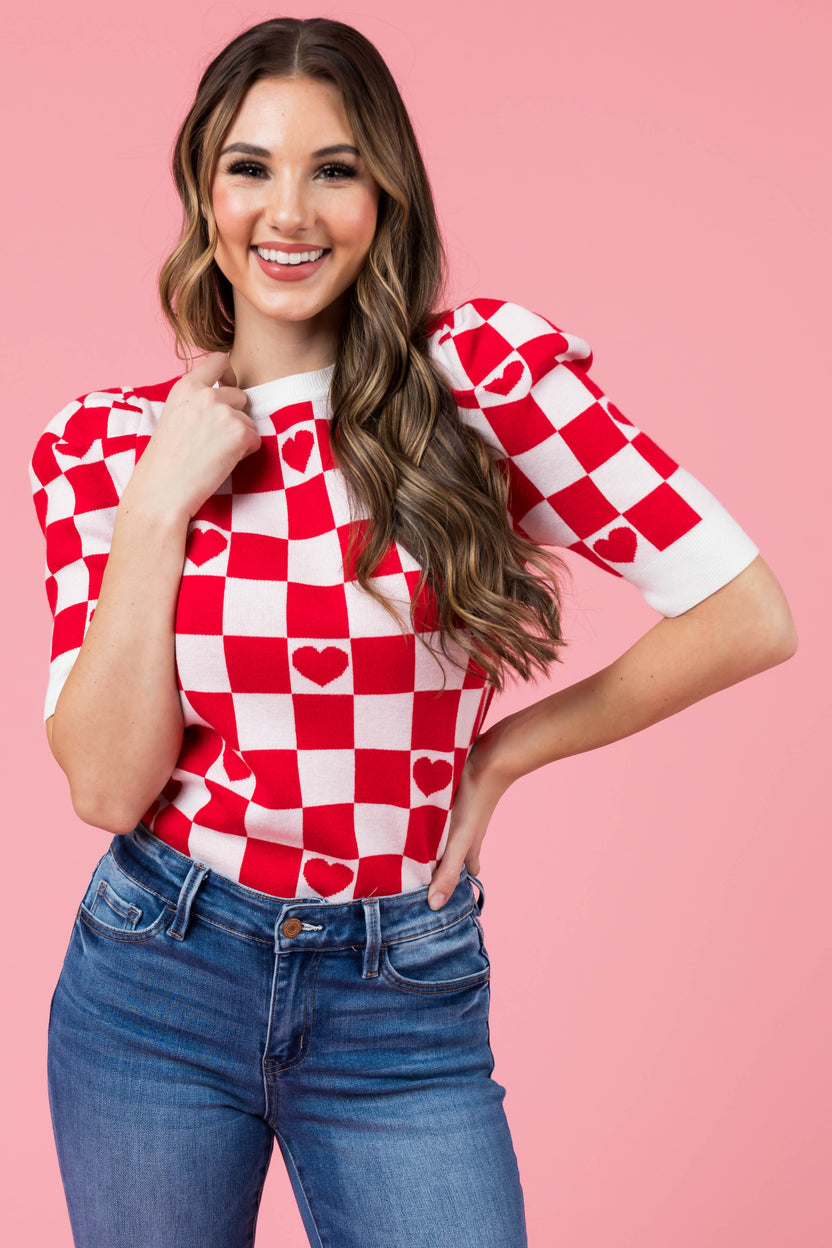 Lipstick and Ivory Checkered Heart Sweater Top