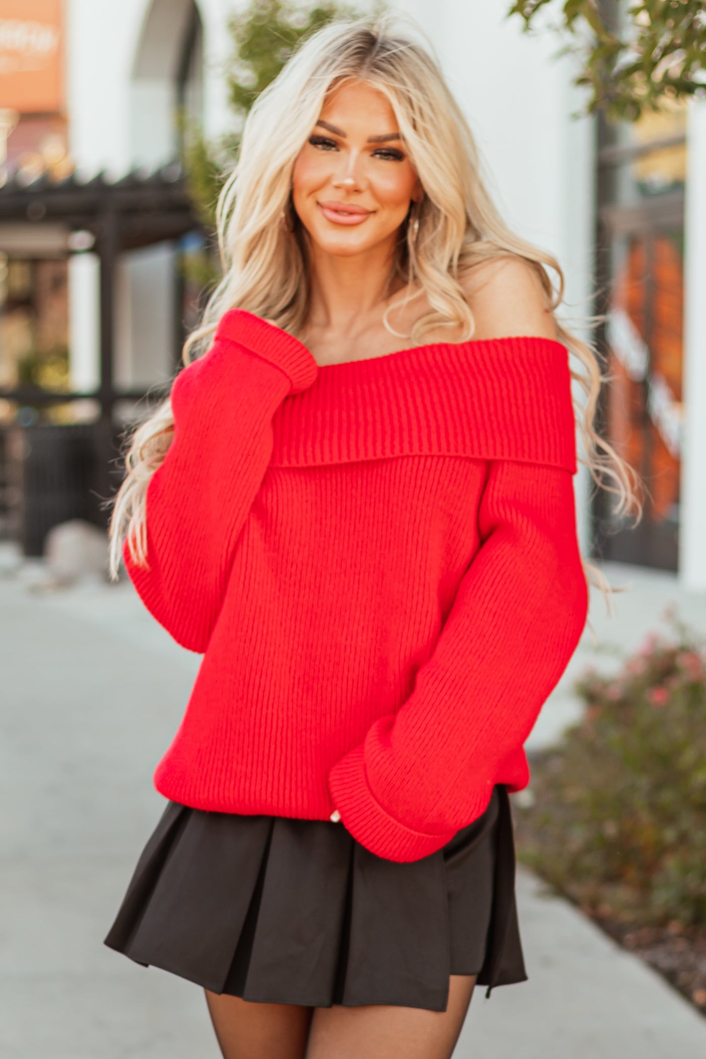 Lipstick Ribbed Knit Off Shoulder Oversized Sweater