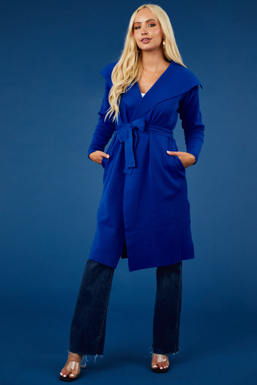 Luna Cobalt Open Waist Tie Ribbed Knit Coat