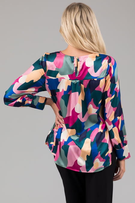 Magenta Abstract Print Satin Long Sleeve Blouse