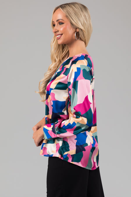 Magenta Abstract Print Satin Long Sleeve Blouse