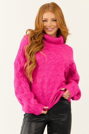 Magenta Braided Knit Turtleneck Soft Sweater