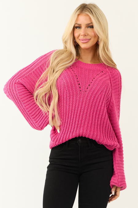 Magenta Bubble Sleeve Ribbed Knit Sweater