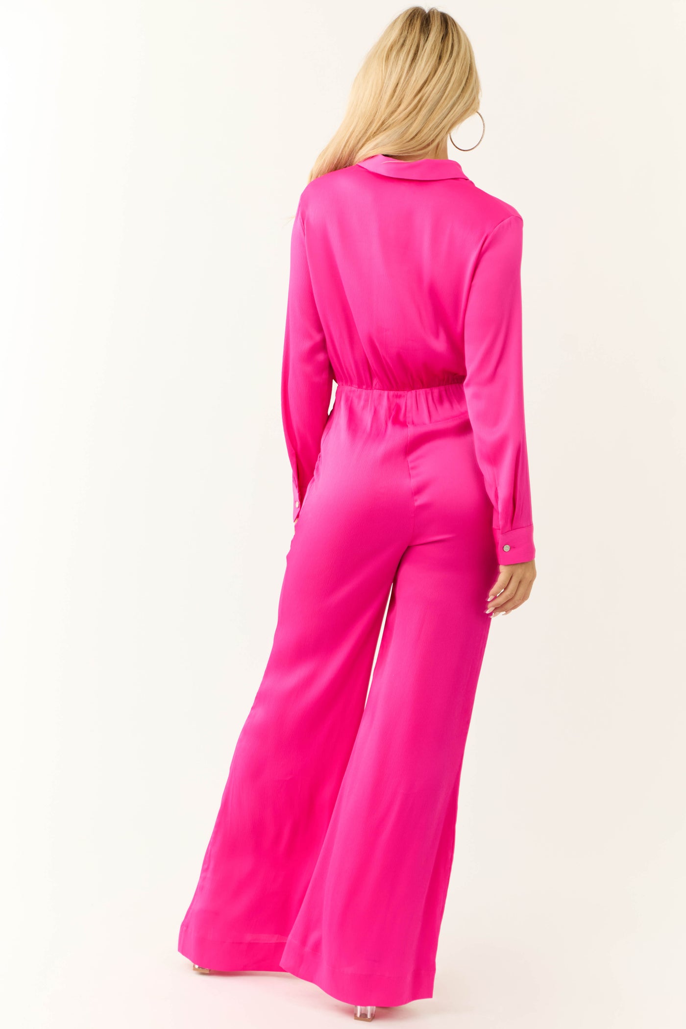 Magenta Button Up Collared Front Tie Jumpsuit