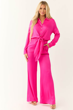 Magenta Button Up Collared Front Tie Jumpsuit