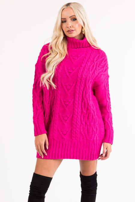 Magenta Cable Knit Turtleneck Sweater Dress