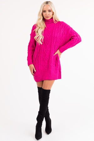 Magenta Cable Knit Turtleneck Sweater Dress