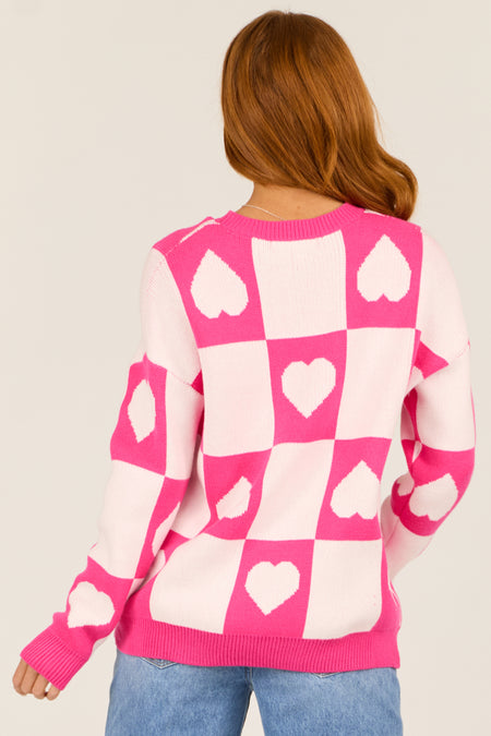 Magenta Checkered Heart Print Sweater